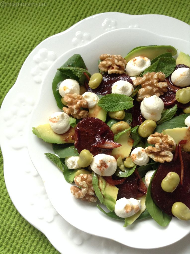 Spinach, beetroot, broadbean and goats cheese cream salad